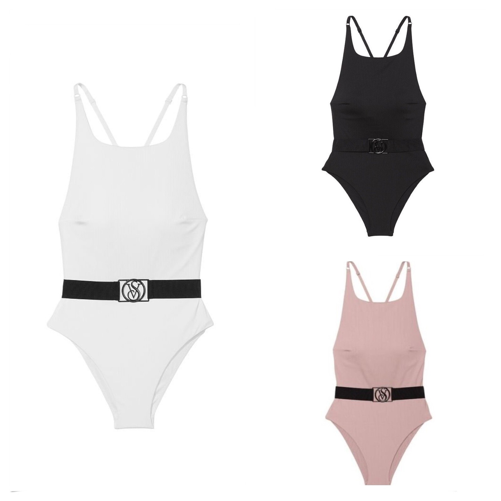 

Слитный купальник Victorias Secret Wild Wanderer с высоким воротником и поясом, розовый, черный