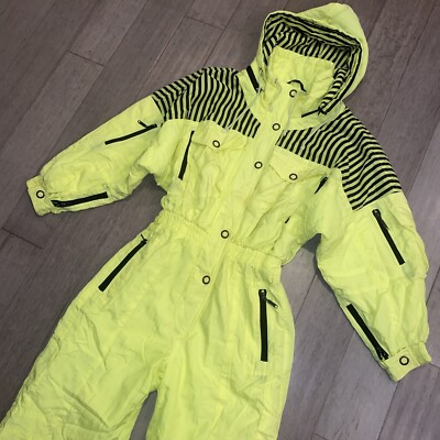 Vtg 80s Rodeo Ski Suit One Piece Snowsuit Snow bib retro Neon Yellow Mens Small