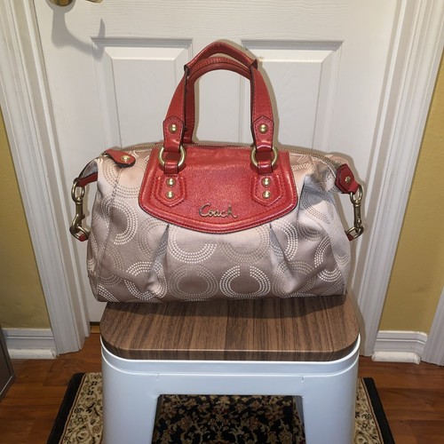 Coach F20027 Signature Tan Sateen, Red Leather Shoulder Bag