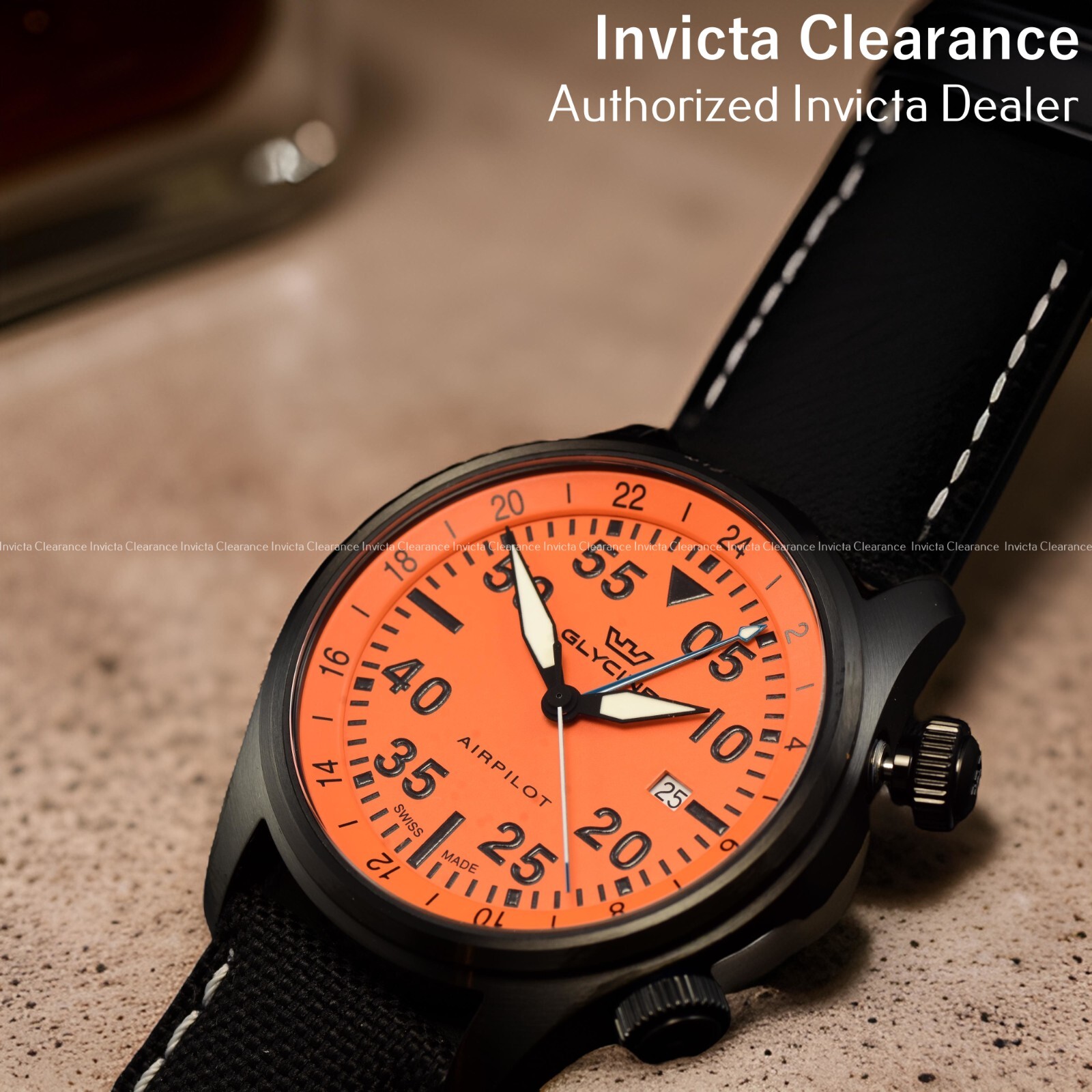 Pre-owned Glycine Men's Airpilot Orange Dial Quartz Black Cordura Band Swiss 44mm Watch