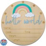 Baby Announcement Sign - 5.9” Round Wooden Hello World Newborn Sign with 3D Rainbow and Cloud - Keepsake Birth Gift for Baby Boy’s First Day, Hospital, Shower, or Nursery Décor (Blue)