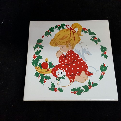 Ceramic Tile Christmas Trivets Vintage Jasco Boy Teddy Bear Girl Praying NIB