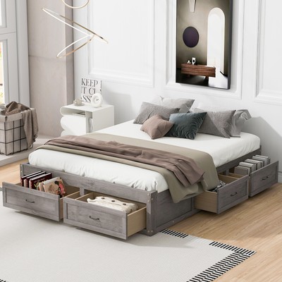 Queen Size Platform Bed with Storage Drawers Antique Gray Rustic Design