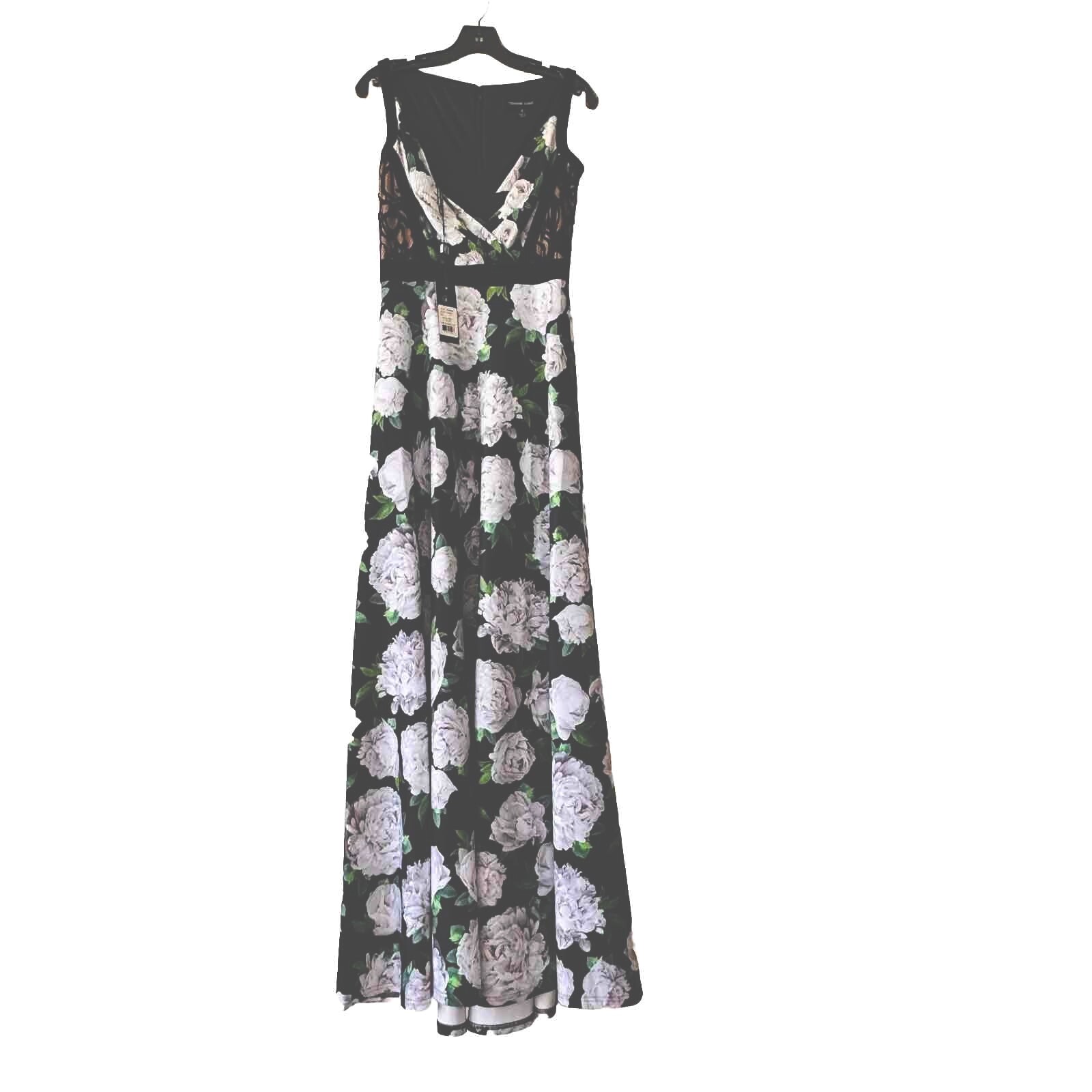 Pre-owned Tadashi Shoji Tadahi Shoji Neoprene Aline Floral Print Gown Sleeveless Long Dress In Black, Green, White