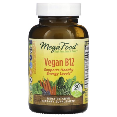 MegaFood Vegan B12 30 таблеток без молока, без глютена, без сои, веганский, цельный