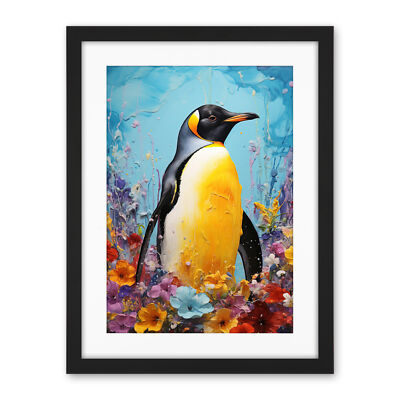 King Penguin in Colourful Floral Flowers Nest Colourful Framed Art Print 18X24