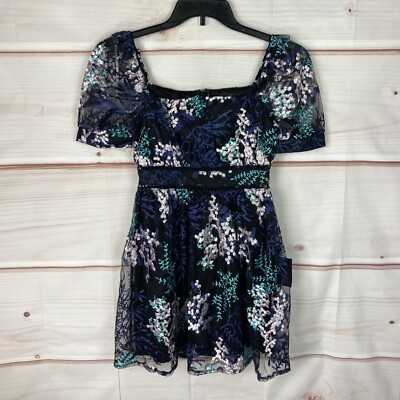 Lulus Dress Women XS Mesh Embroidered Skater Mini Floral Square Neck Puff Sleeve