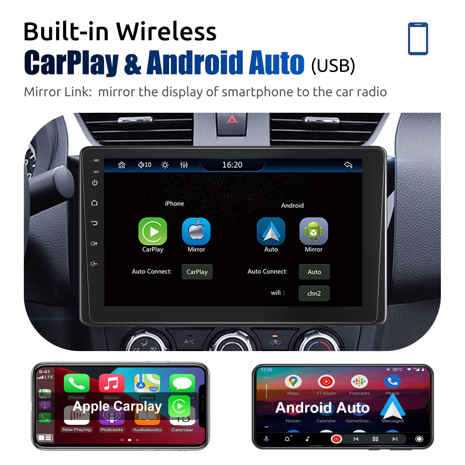 9" Single 1DIN Wireless Apple CarPlay/Android Auto Car Stereo Touch Screen Radio