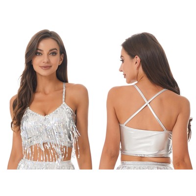 Womens Belly Dance Costume Sequin Shiny Bra Tassel Tango Dancewear Camisole Tops