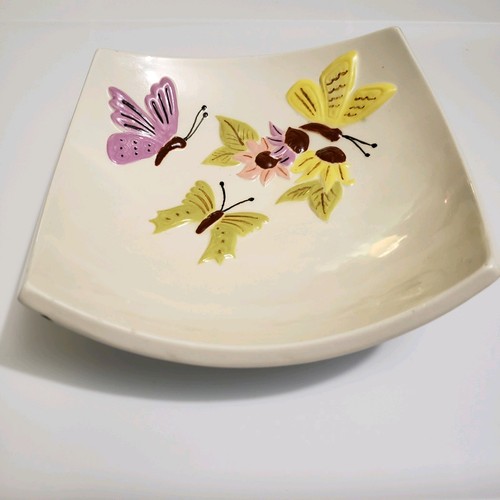 Vintage Pottery Mid-Century 1950s Square Creamic Curve Dish Butterflies & Flower