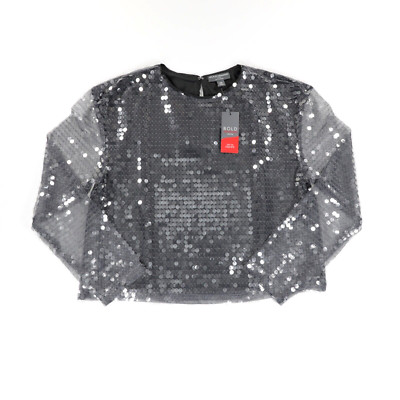 Bold Elements Women's Long Sleeve Keyhole Sequin Cropped Top Grey Size PM