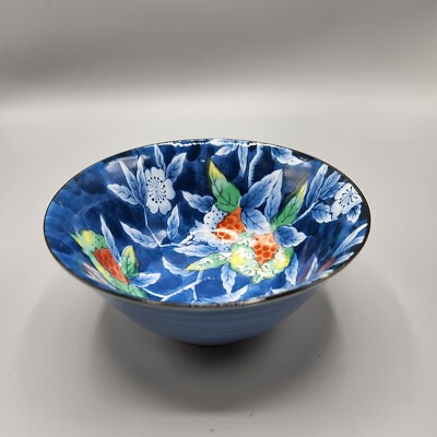Japanese Juzan-Gama Porcelain Rice Bowl Arita Ware Peony Pattern Blue