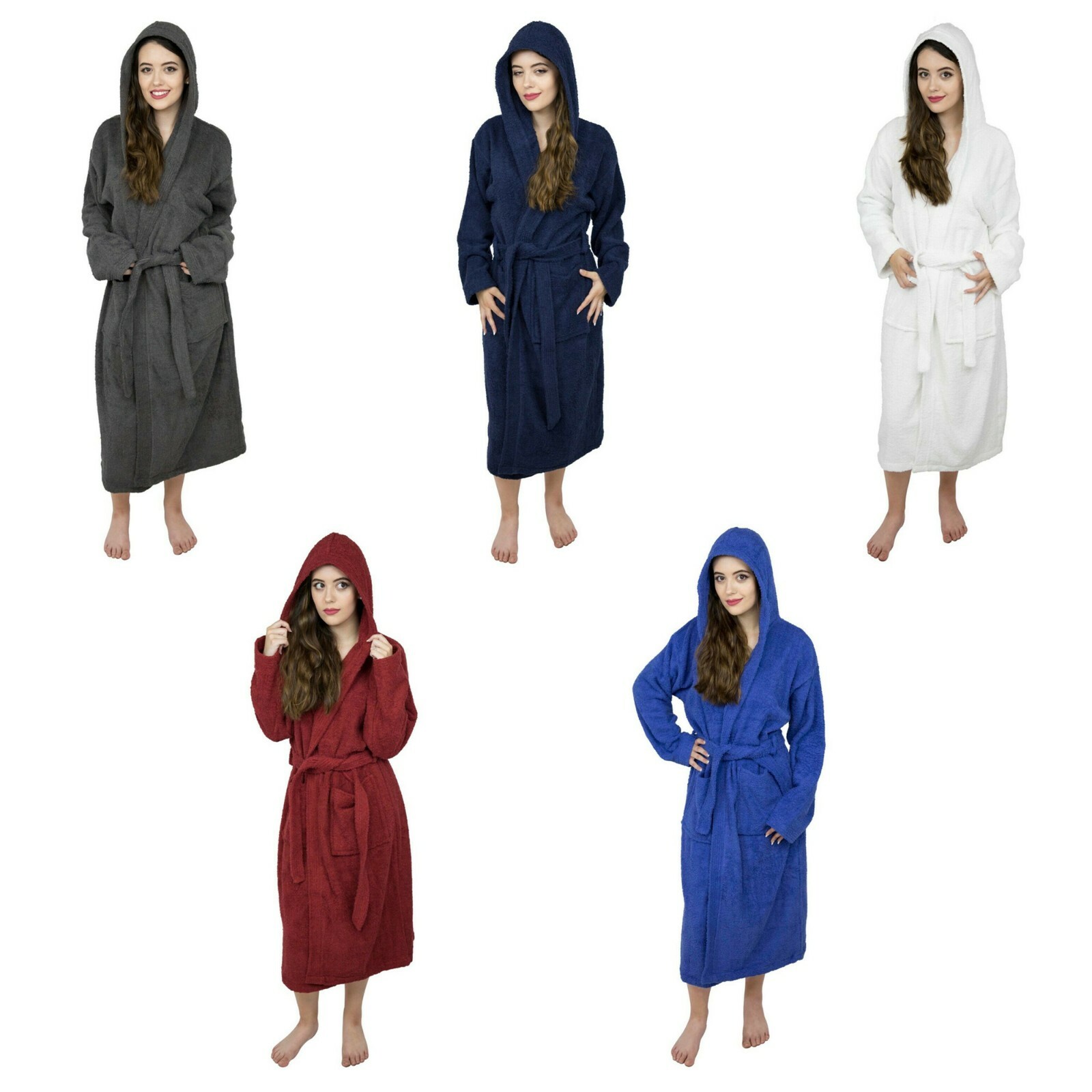 Womens Hooded Bathrobe Ladies Terry Cotton Spa Robe Women Shawl Collar Bathrobe