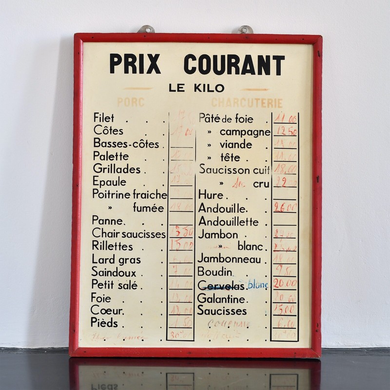 Ancien Panneau Prix Courant Boucherie Charcuterie Vintage French Butcher