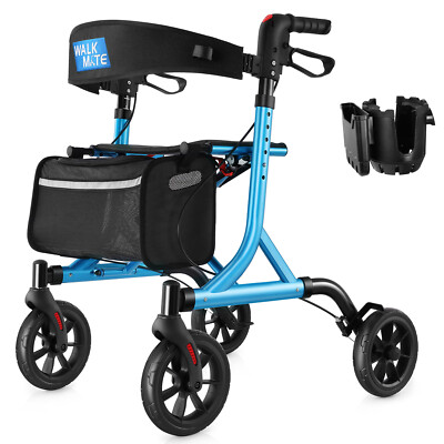 Folding Rollator Walker for Seniors Aluminum Rolling Walker 300LB Capacity Blue