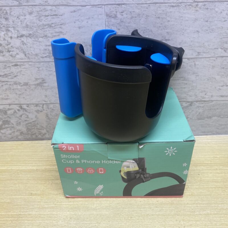 2-In-1 Stroller Cup Holder and Phone Holder for Bike Walker Wheelchair Blue NEW