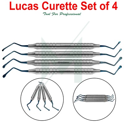 Dental Lucas Bone Curette Set of 4 Blue Surgical Serrated Lab Instruments