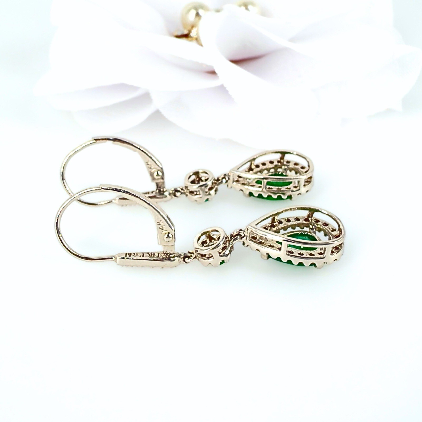 14k White Gold Genuine Emerald & Diamond Leverback Dangle Earrings, Preowned - Picture 9 of 11