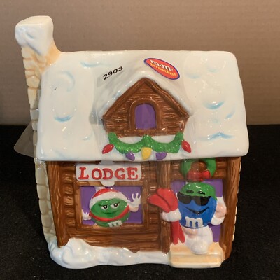 M&M s COLLECTIBLE CERAMIC CANDY COOKIE JAR CANISTER W/ LID House Lodge