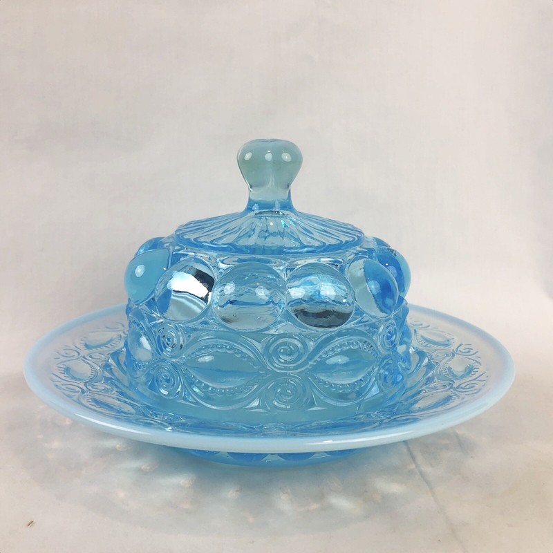 Mosser Glass Blue Opalescent Butter Dish Eye Winker Aqua eBay
