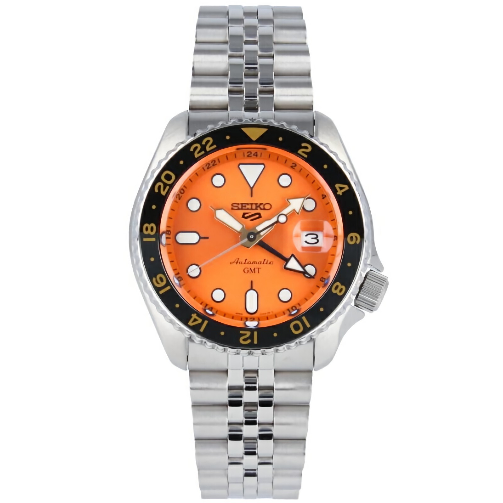 Pre-owned Seiko 5 Sports Stainless Steel 42.5 Mm Gmt Automatic Orange Dial Watch Ssk005k1