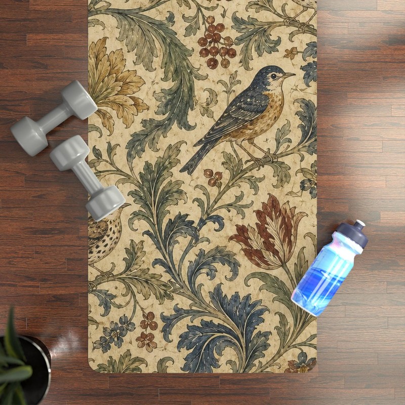 Floral Rubber Yoga Mat 24x72 Botanical Bird Microfiber Suede Non-Slip