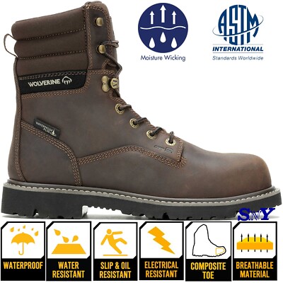 WOLVERINE 8'' Waterproof Composite Toe Moisture Wicking Work Boots Slip Resistant