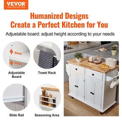 VEVOR 35.4" Kitchen Trolley Island Rolling Storage Cabinet Cart w/ Drawer & Rack