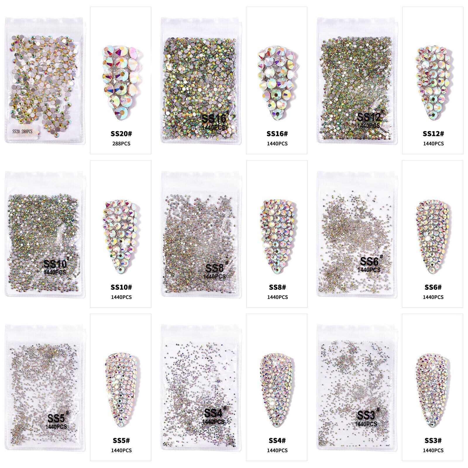 1440pcs Crystal Nail Art Rhinestones FlatBack Glitter Diamond 3D Tips Decoration