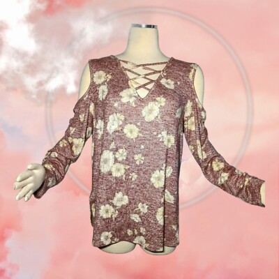 LOVE FIRE Size XL STRAPPY Burgundy Yellow Floral HIPPIE CHIC Top COLD SHOULDER 
