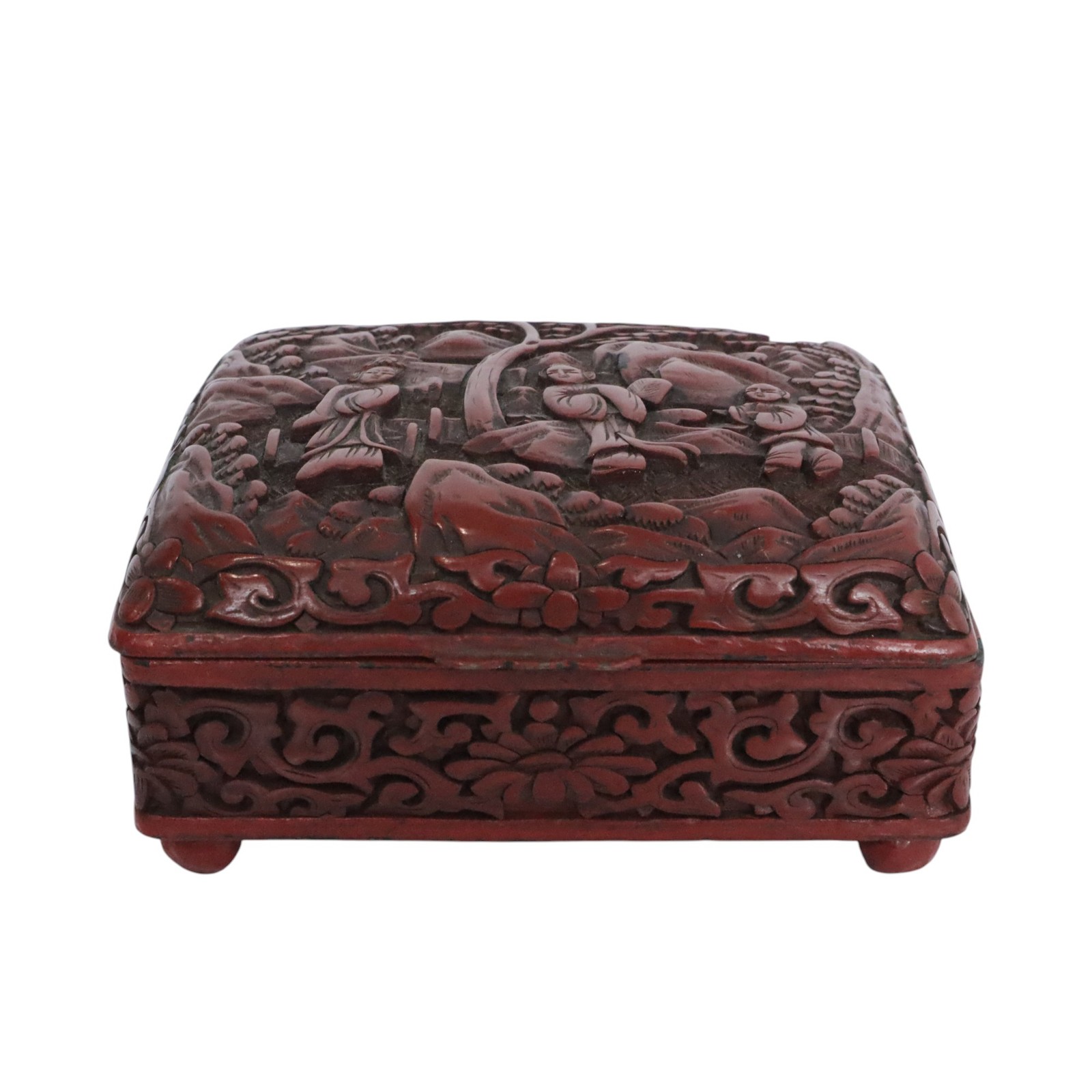 Antique Chinese Cinnabar Lacquer Hinged Box Red Carved Enamel Qing 19th Century