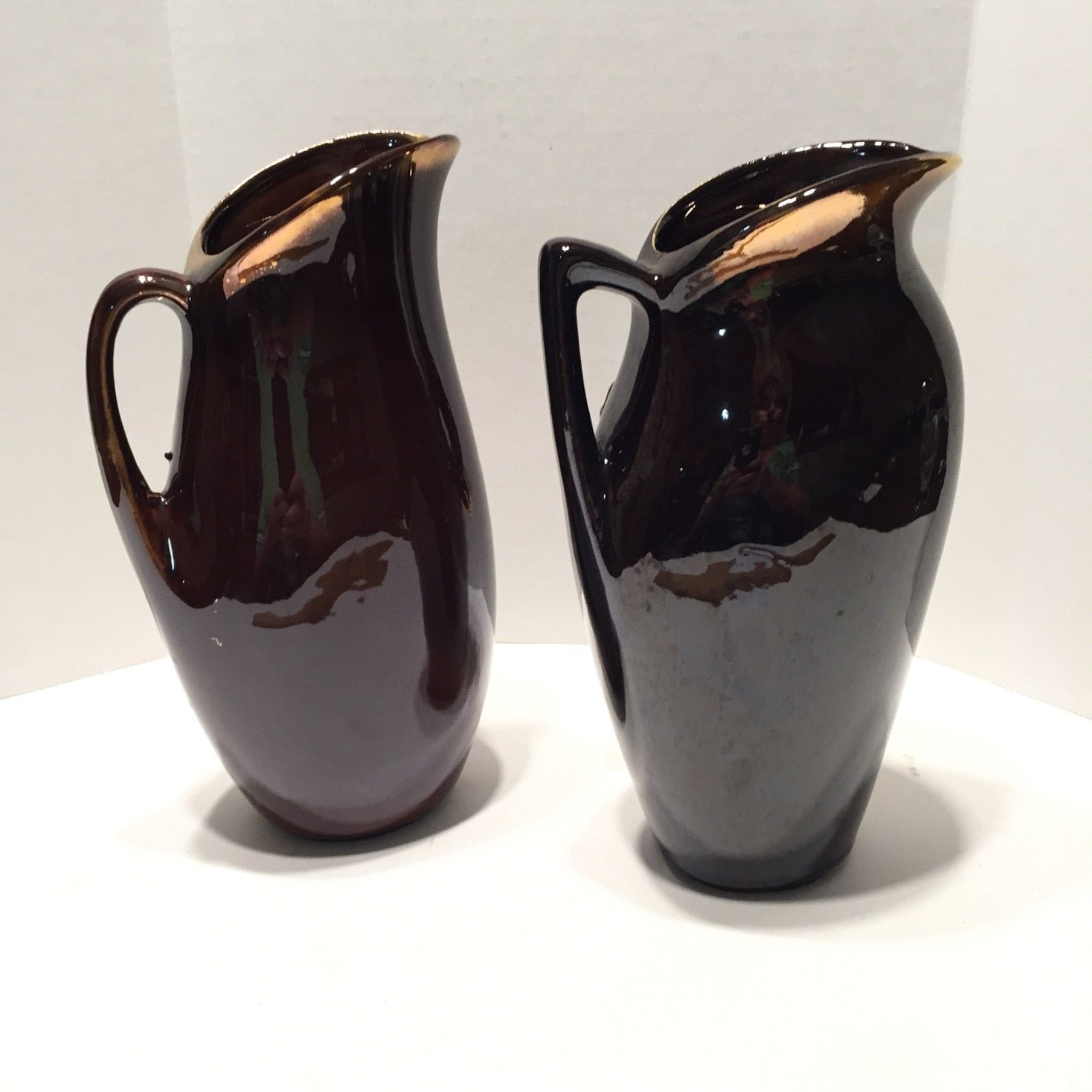 Vintage Pair Luster Brown & Gold Ceramic Pitcher Vases by Golden Bronze Pottery