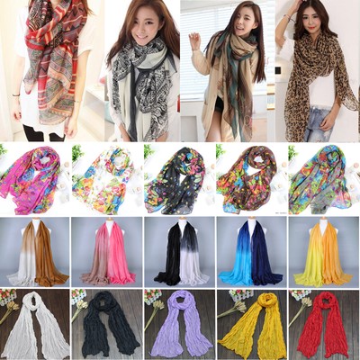 Fashion Women Long Soft Cotton Chiffon Scarf Wrap Shawl Floral Stole Scarves