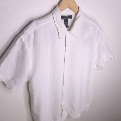Elements Arnold Zimberg Men SMALL White Linen GuayaberaShort Sleeve Button Shirt
