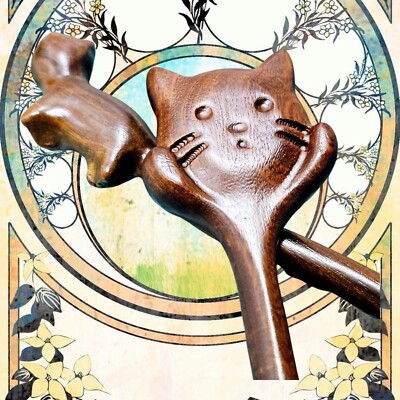 Wood Cat Face & Body Stick Chinese Style Women Hairpin Headwear Hair Fork Set 2