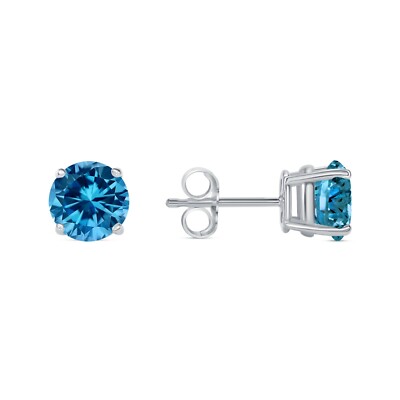 Pre-owned Shine Brite With A Diamond 2.75 Ct Round Cut Blue Earrings Studs Solid 14k White Gold Push Back Basket