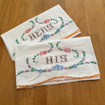 Vintage His and Hers Cross Stitch Pillowcase Set