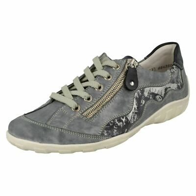 LADIES REMONTE BLUE YELLOW LACE UP LEATHER CASUAL FLAT SHOES TRAINER R3416