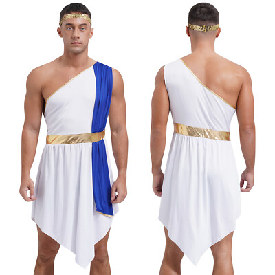 US Men Robe One Shoulder Dresses With Headband Fancy Dress Up Halloween Toga God
