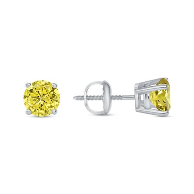 Pre-owned Shine Brite With A Diamond 1.75 Ct Round Cut Canary Earrings Studs Solid 18k White Gold Screw Back Basket