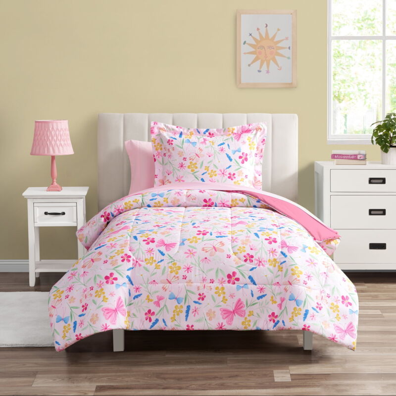 5 Piece Pink Wildflower Polyester Bedding Set for Girls, Twin