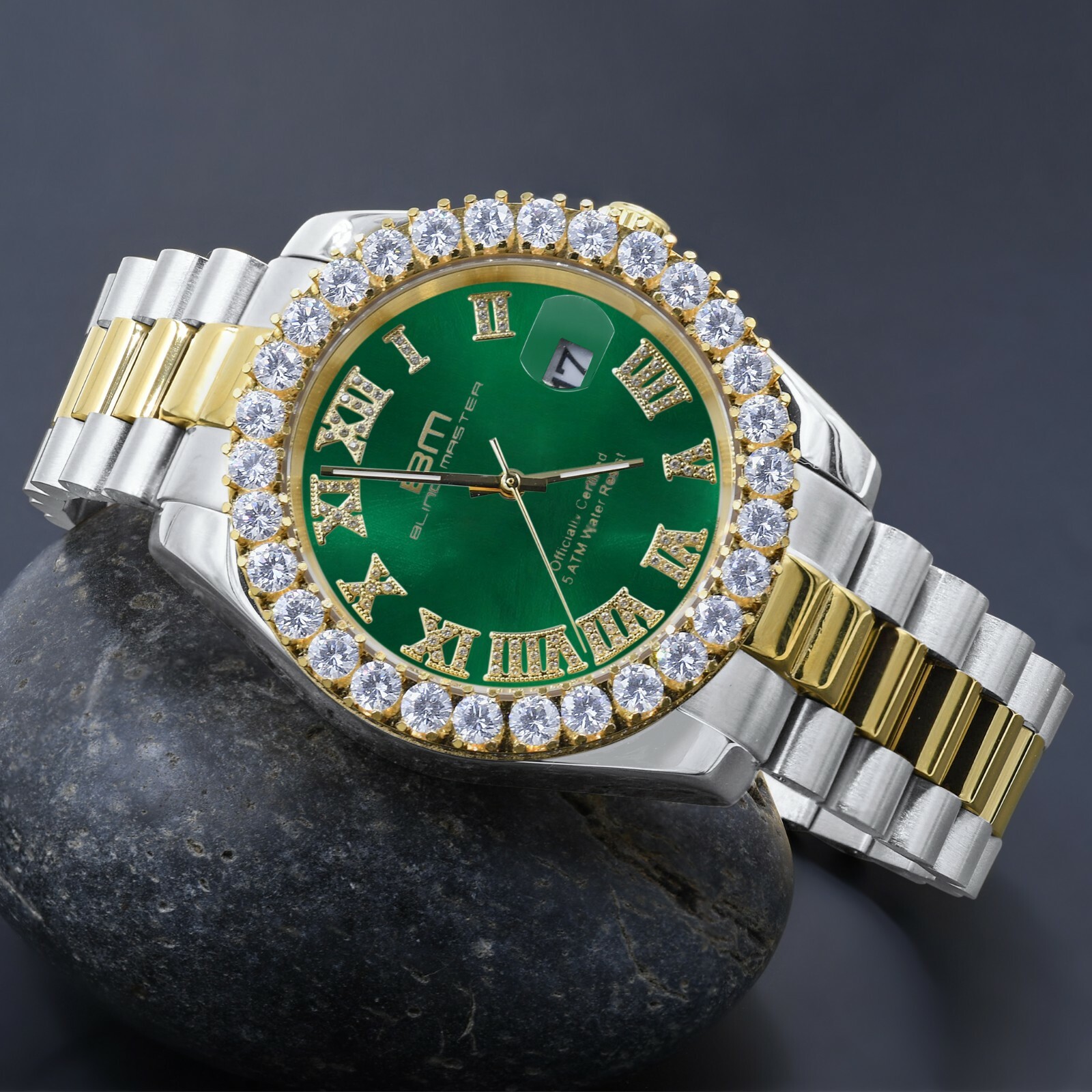 Pre-owned Bling Master - Overlord Solid Steel Green Dial 18k 2 Tone Gold Simulated Diamond Presidential Mens Watch