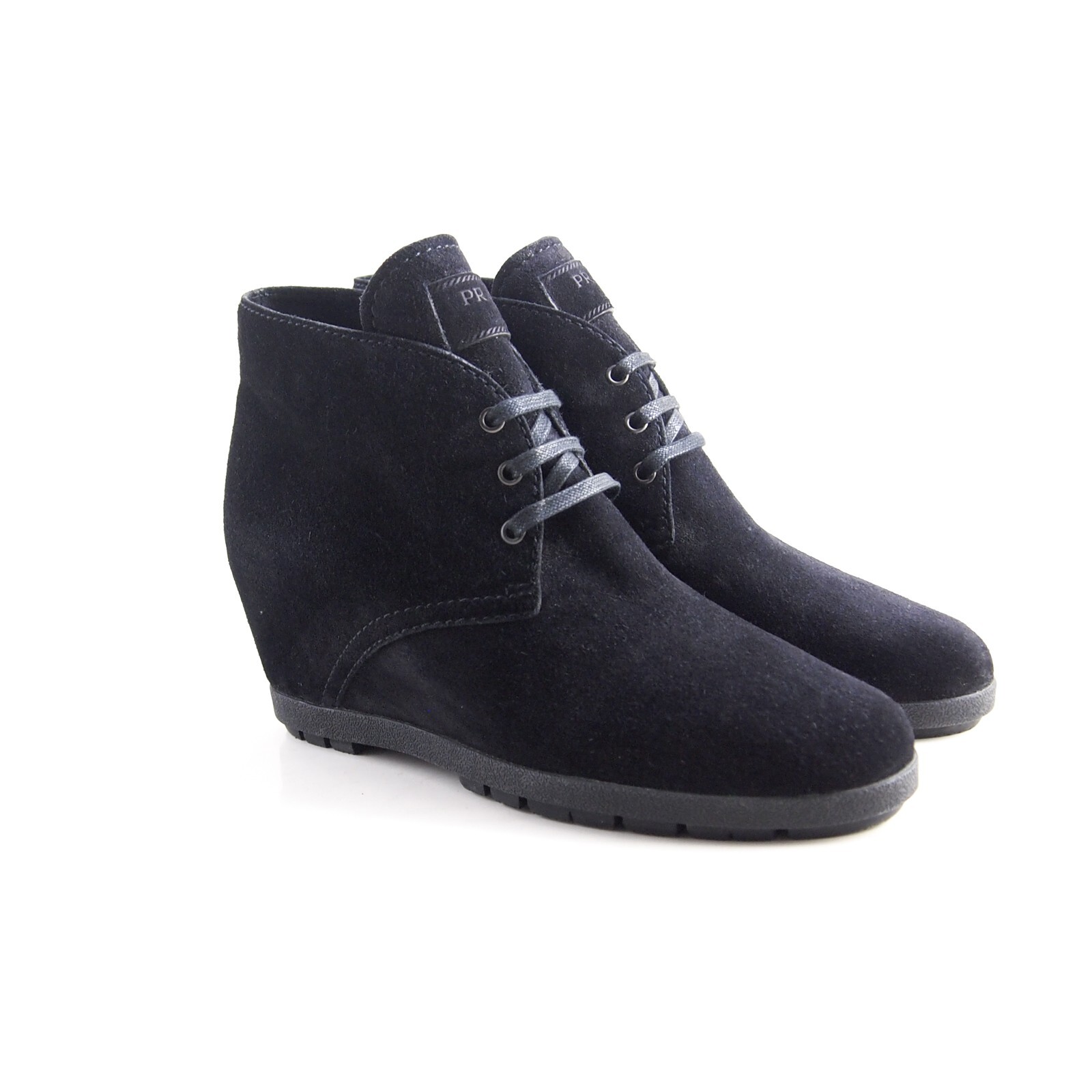 Prada Ankle Boots 3TZ037 Black Suede Hidden Wedge Womens US