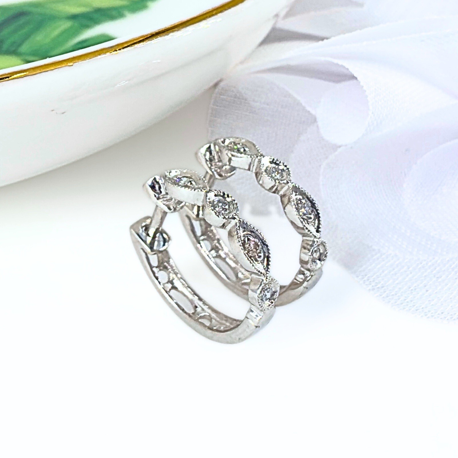 14k White Gold Genuine Diamond Huggie Hoop Earrings, New - Picture 3 of 14