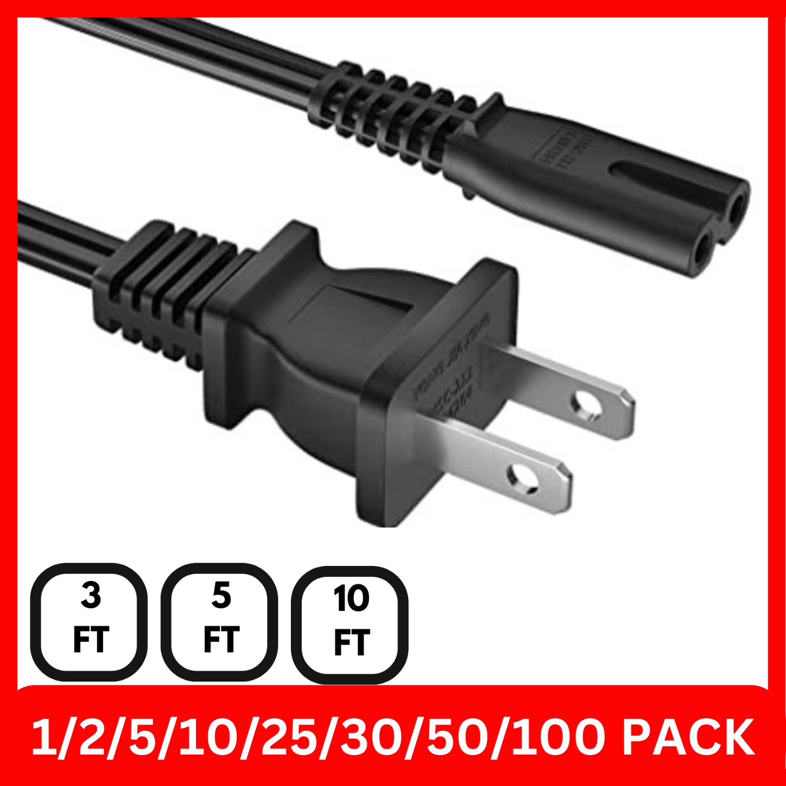 Lot of Standard AC Power Cord Cable 2 Slot Figure 8 Cord 3FT 5FT 10FT IEC C7