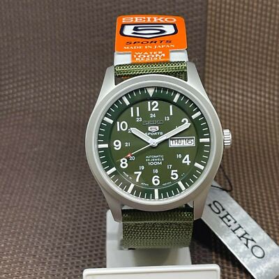 Pre-owned Seiko 5 Sports Snzg09j1 Army Green Nylon Automatic Made In Japan Men's Watch In White