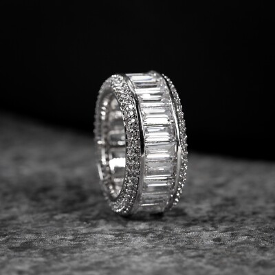 Men's  White Gold Plated Fully Iced  Cz Hip Hop Baguette Pinky Statement Ring