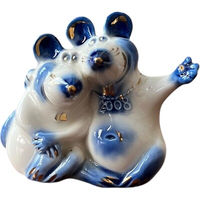 Vintage Russian Ceramic With Gold Mouse Mice Small Figurine Blue 2008 3x3''