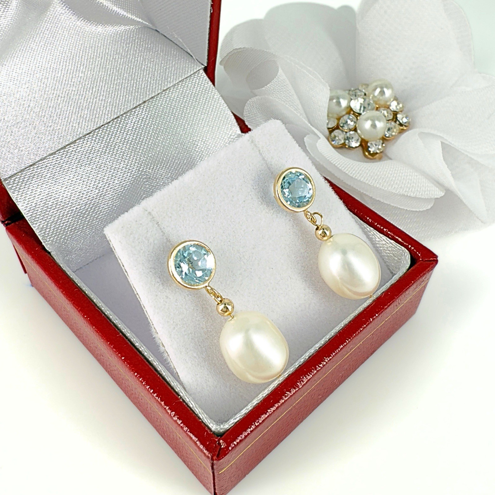 14k Yellow Gold Sky Blue Topaz & Genuine Cultured Pearl Dangle/Drop Earrings - Picture 2 of 8