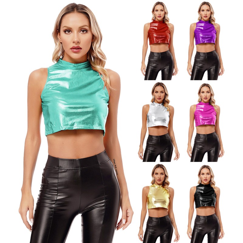Womens Shirts Sleeveless Tank Shiny Crop Tops Tight Tee